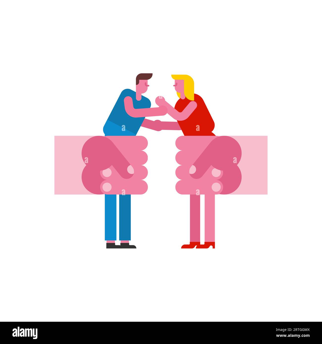 Matchmaking. Two hands hold a man and a woman and introduce them to each other. Concept for a dating site. Stock Vector