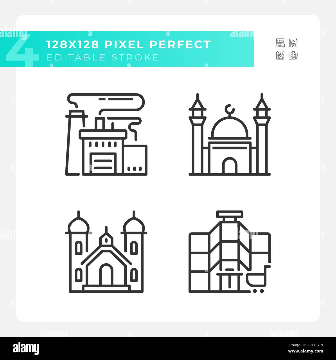 Editable pixel perfect black building icons set Stock Vector