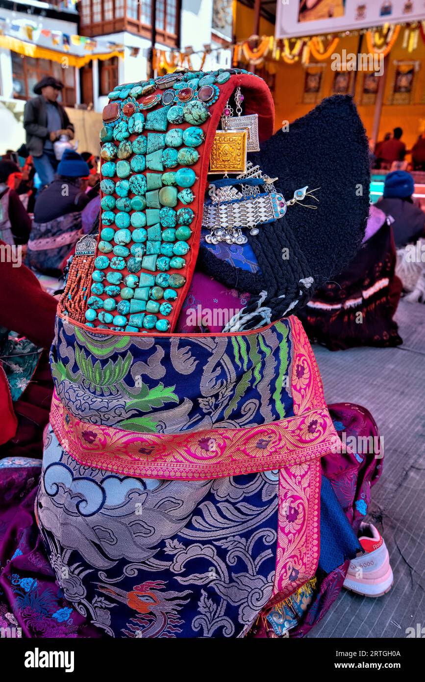 Ladakhi woman in traditional clothing at a high lama teaching, Lingshed, Ladakh, India Stock Photo