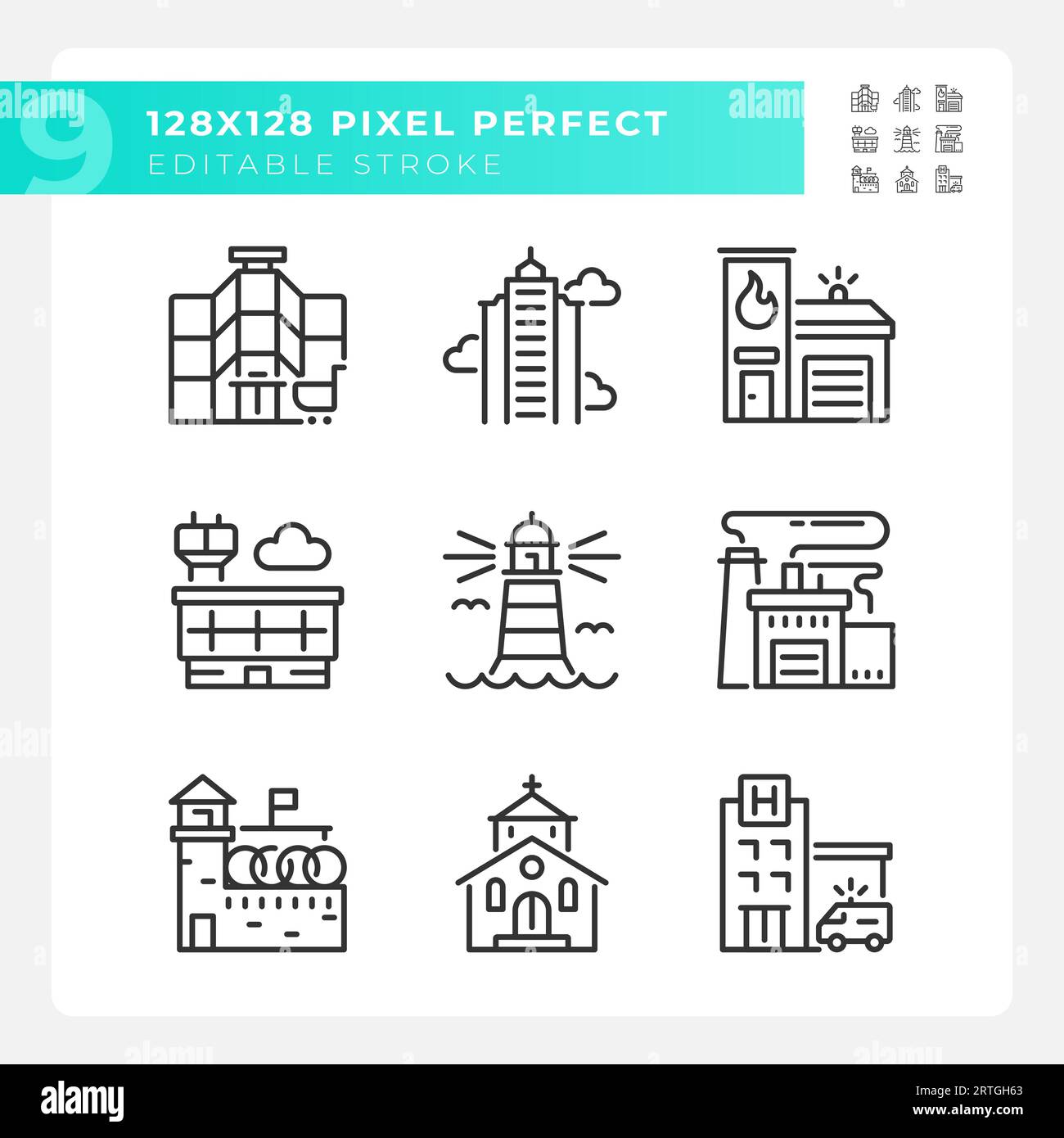 Editable pixel perfect black building icons Stock Vector