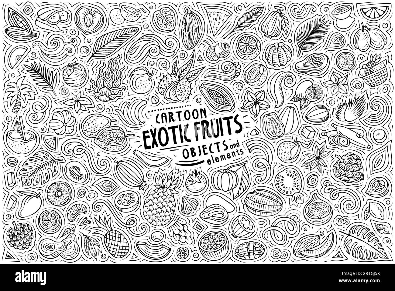 Cartoon vector line art doodle set features a variety of Exotic Tropical Fruits objects and symbols. The collection has a whimsical, playful feel. Per Stock Vector
