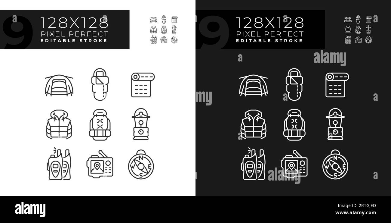 Set of editable pixel perfect hiking gear linear icons Stock Vector