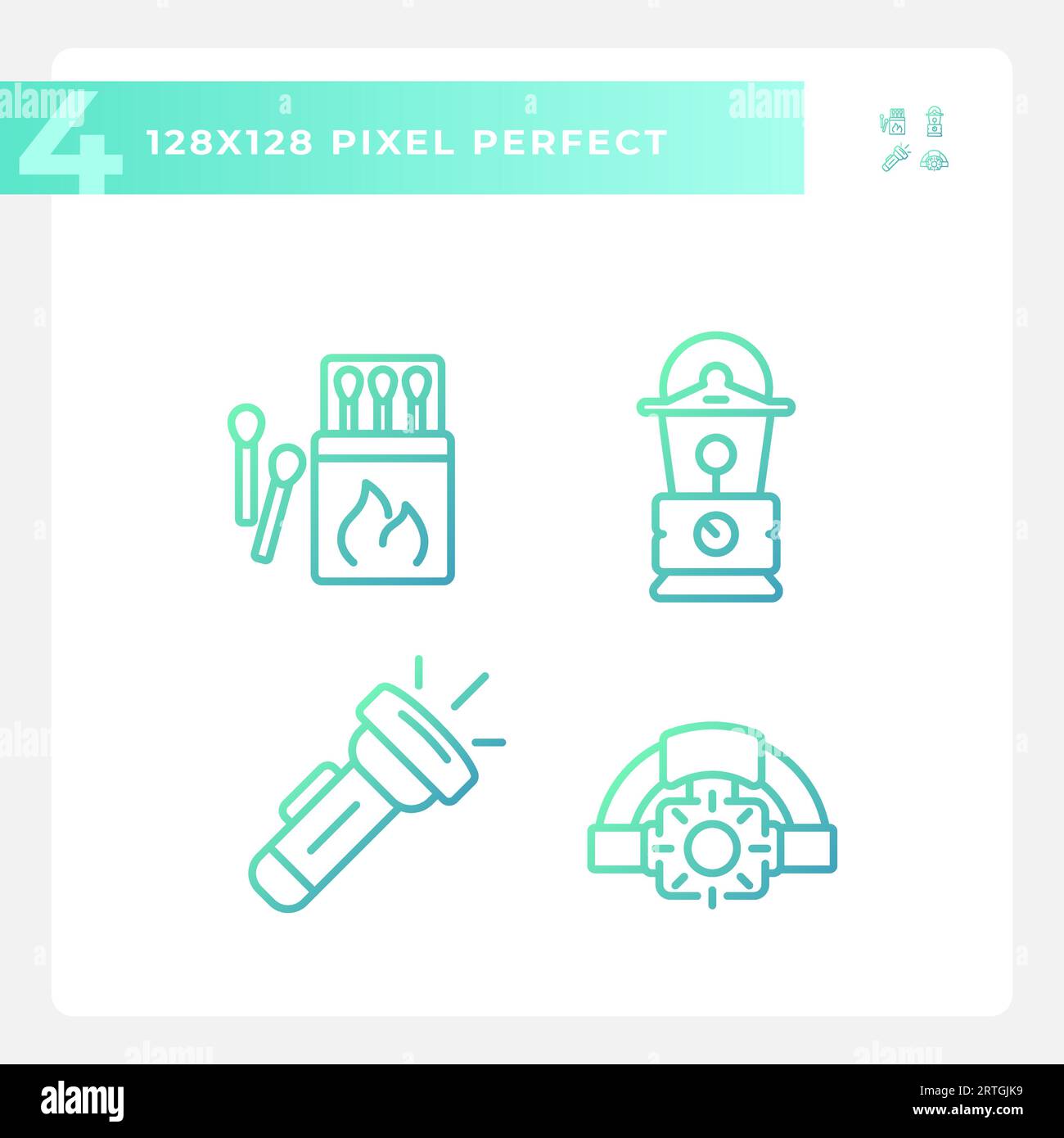 Set of 2D gradient pixel perfect hiking gear icons Stock Vector