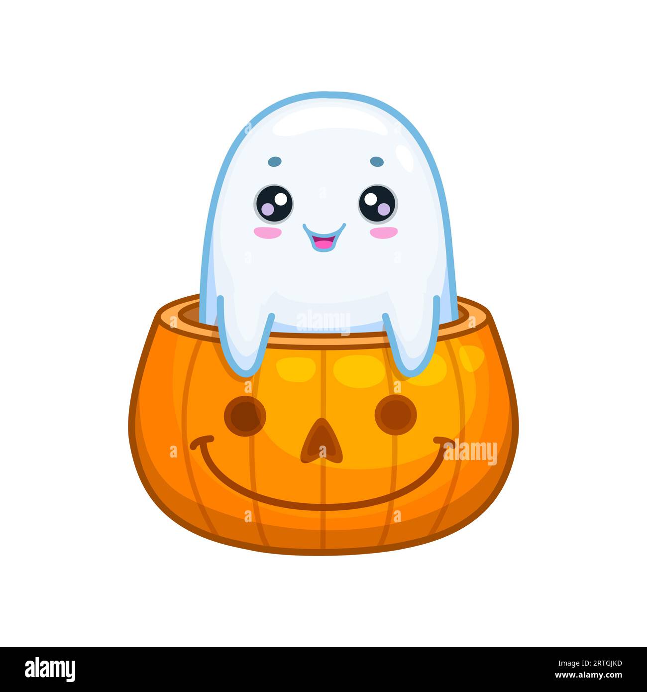Halloween kawaii ghost character peeks out from a grinning pumpkin,  radiating adorable charm and spooky fun.