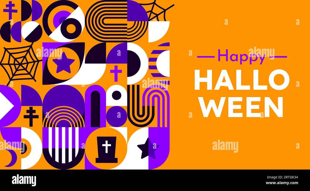 Halloween bauhaus abstract modern geometric pattern, combines bold shapes and eerie elements, evoking a stylish yet spooky atmosphere. Vector background with purple, black, orange and white colors Stock Vector