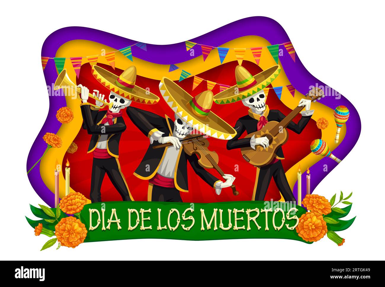Dia de Los Muertos paper cut banner or Day of Dead skeleton mariachi musicians, vector Mexican holiday fiesta. Dia de Los Muertos greeting card with paper cut calavera skeletons with sombrero, guitar Stock Vector