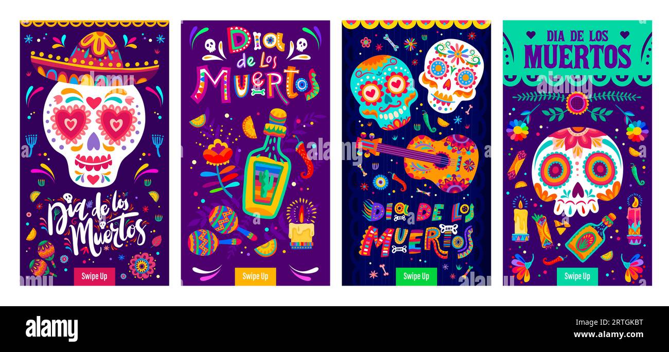 Dia De Los Muertos Mexican holiday banners, Day of Dead calavera sugar skulls in sombrero, vector background. Mexican fiesta holiday guitar, maracas and tequila with chili pepper and candles Stock Vector