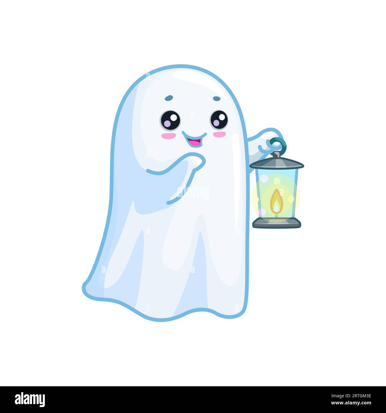 Halloween kawaii ghost character clutching a lit lantern. Isolated