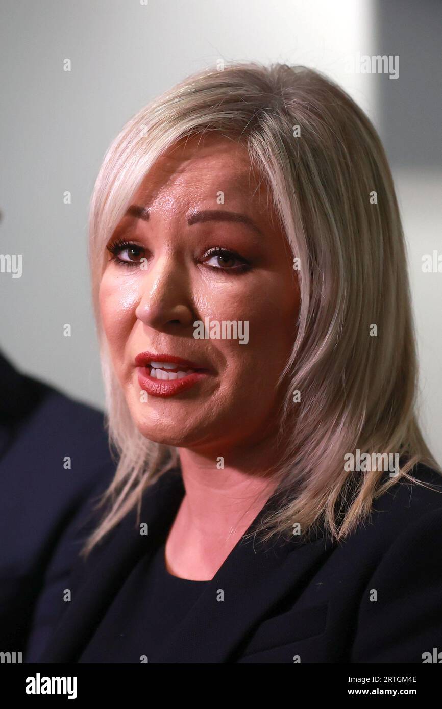 Sinn Fein Stormont leader Michelle O'Neill speaking to the media during