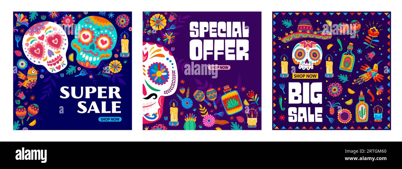 Mexican Dia De Los Muertos or Day of Dead holiday sale vector banners for special offer. Flash sale and hot deal promotion banner for shop on Dia De Los Muertos holiday with calavera skulls ornament Stock Vector
