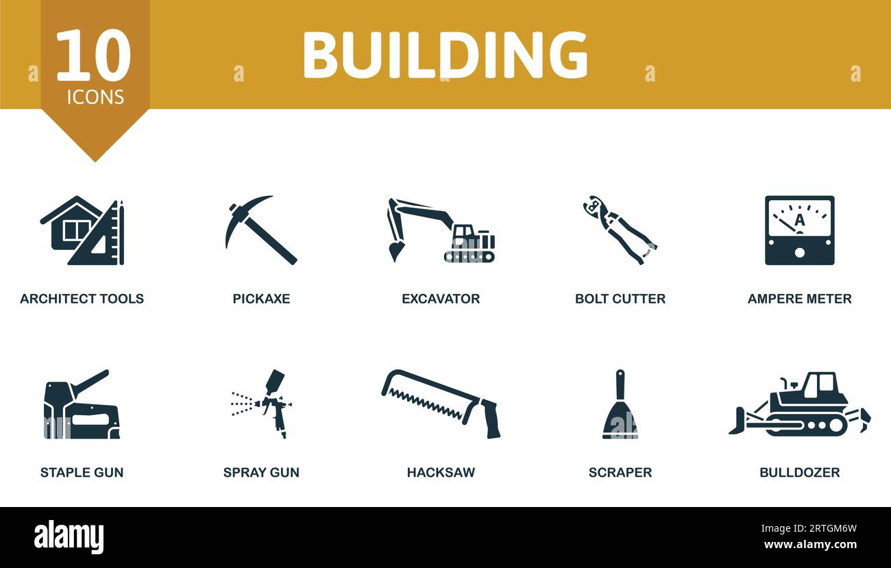 Building set. Creative icons: architect tools, pickaxe, excavator, bolt cutter, ampere meter, staple gun, spray gun, hacksaw, scraper, bulldozer. Stock Vector