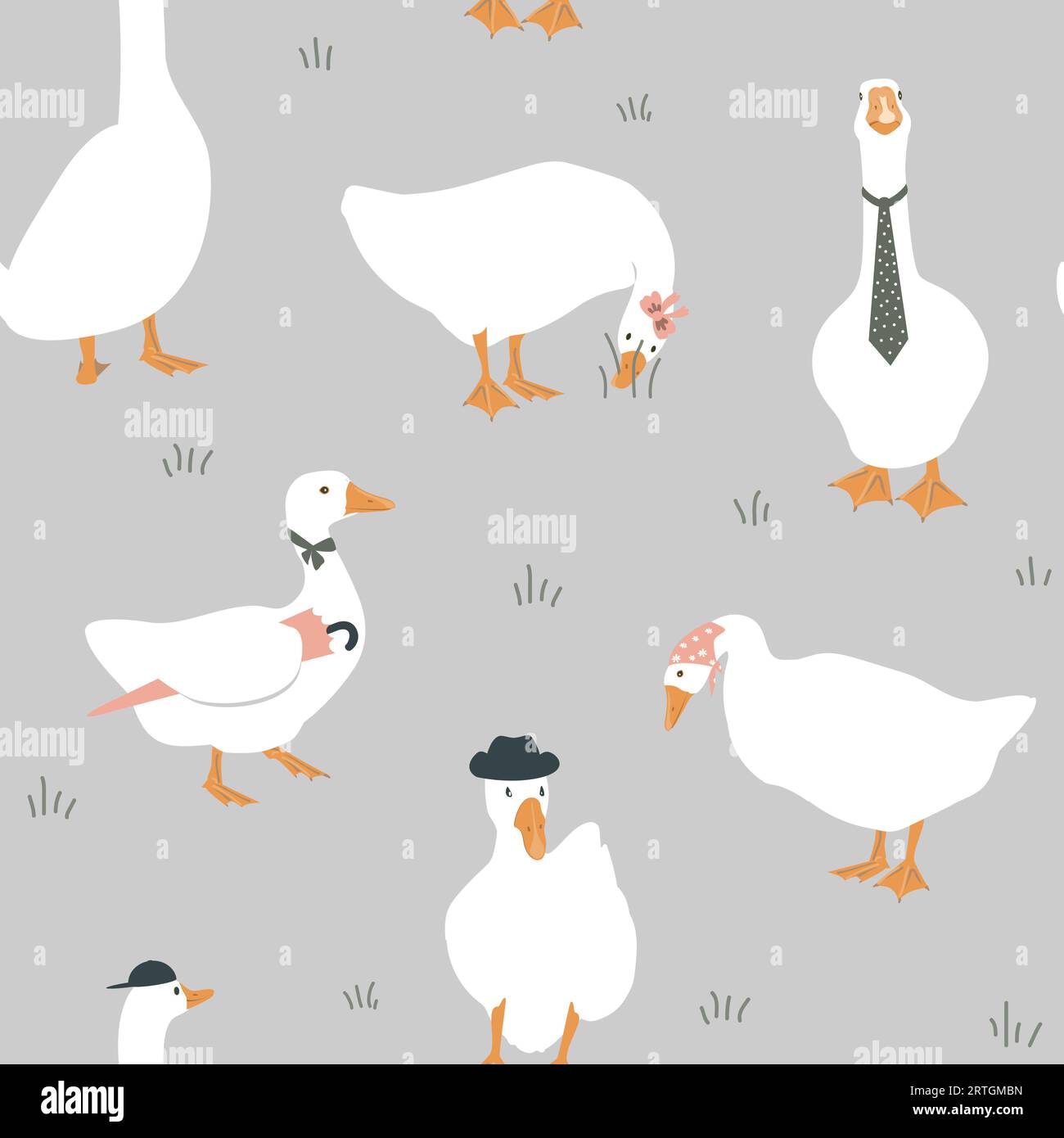 Cute dressed geese seamless pattern. Goose in a hat, tie, scarf, and with umbrella. Funny vector background Stock Vector