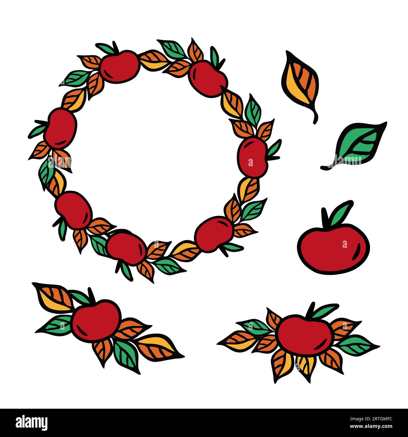 Red apple clip art. Fall harvest wreath , hand drawn vector illustration for card or invite Stock Vector