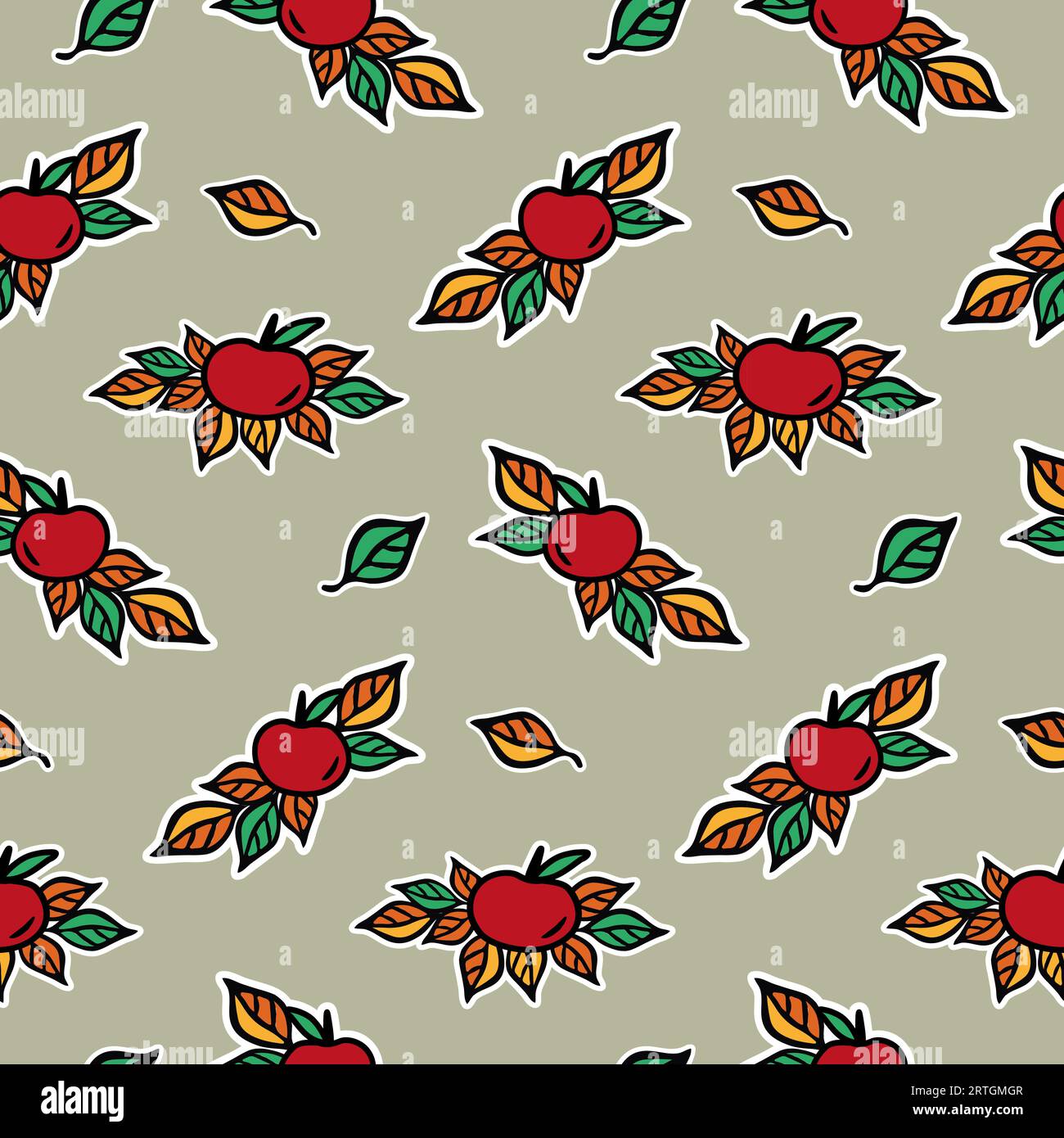 Red apple with leaves seamless pattern for textile, scrapbook or wallpaper, fall harvest vector background Stock Vector