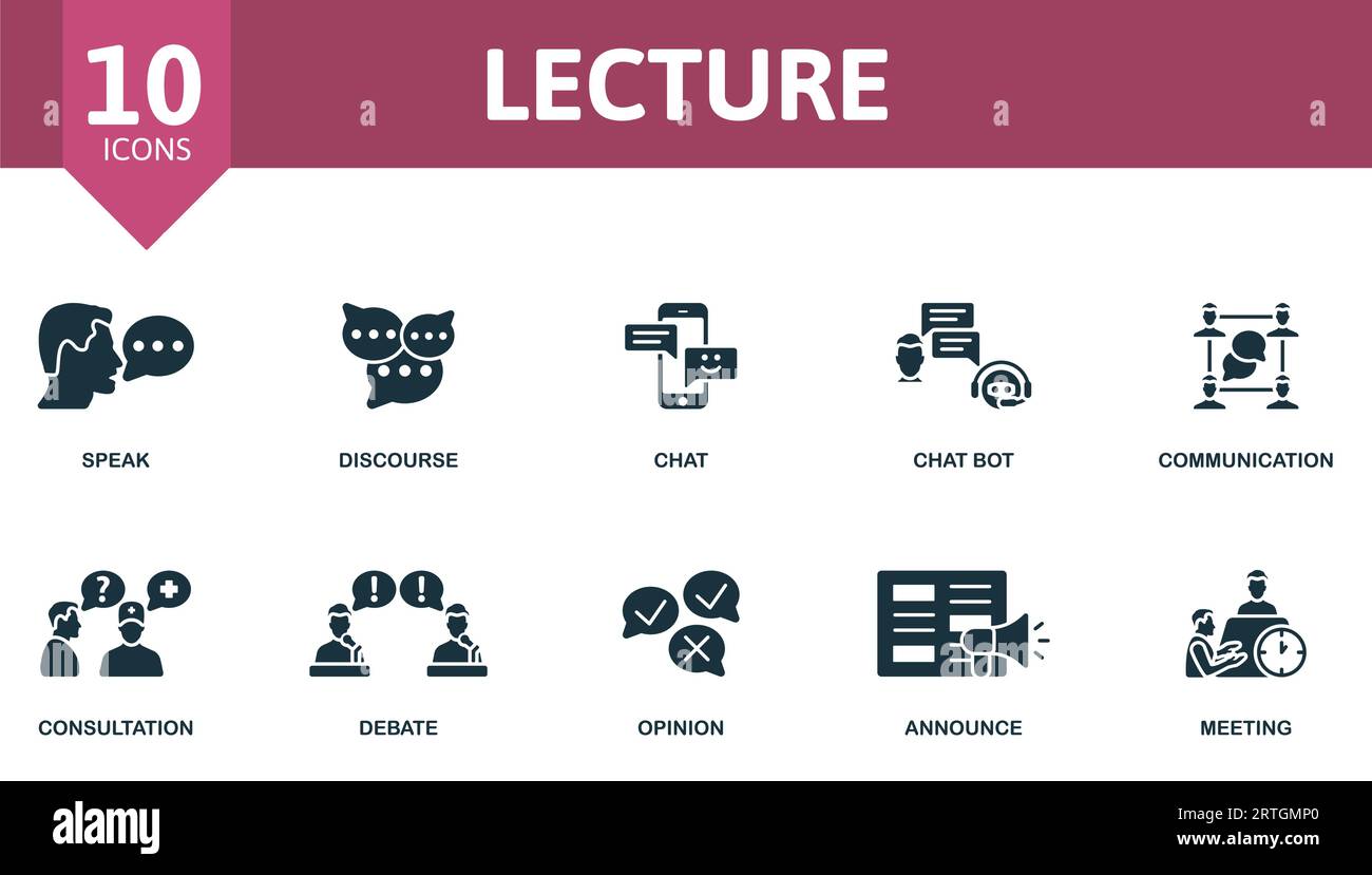 Lecture set. Creative icons: speak, discourse, chat, chat bot, communication, consultation, debate, opinion, announce, meeting. Stock Vector