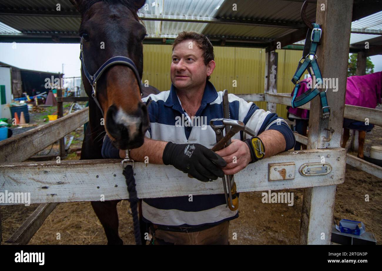 Horse farrier, Craig Robottom working at a riding school near Sorell