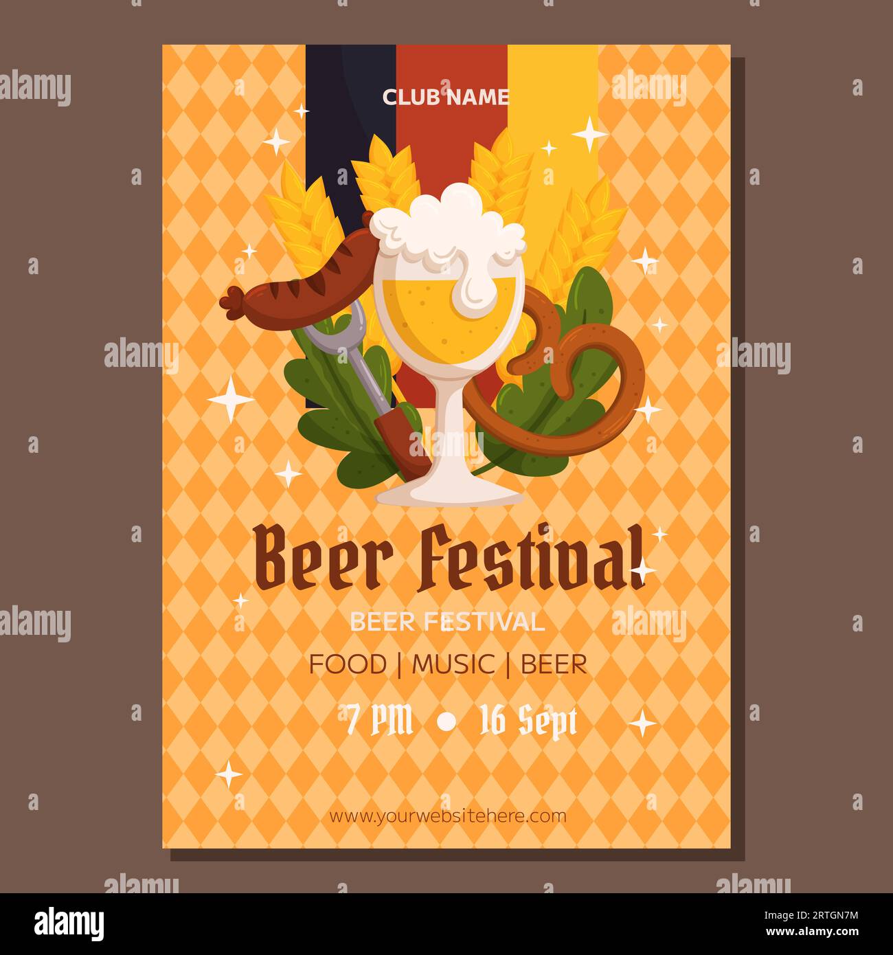 Beer festival poster template. Design with glass of beer, fork with grilled sausage, pretzel, wheat and leaves, Germany color flag. Light orange rhombus pattern Stock Vector