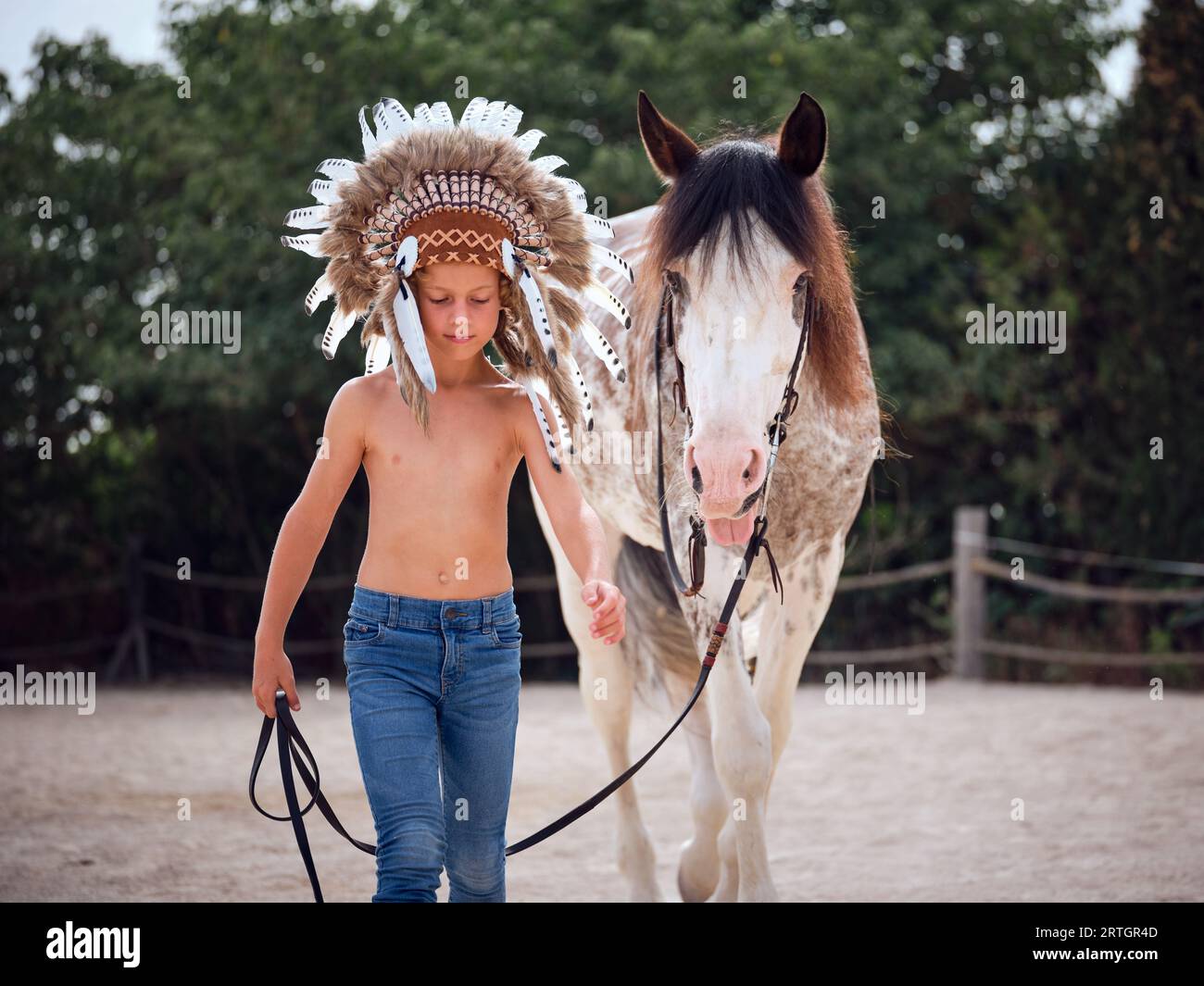 Charming young boy wearing traditional headwear holding reins of horse while walking along fence in paddock near green trees Stock Photo