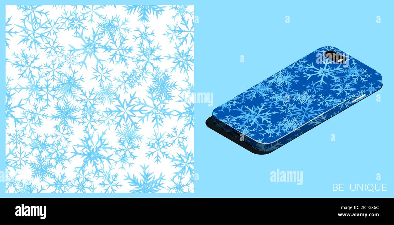 Modern smartphone in unique case decorated winter snowflakes. Six pointed fluffy snowflakes symbol of winter weather. Isometric top view. Vector ornam Stock Vector