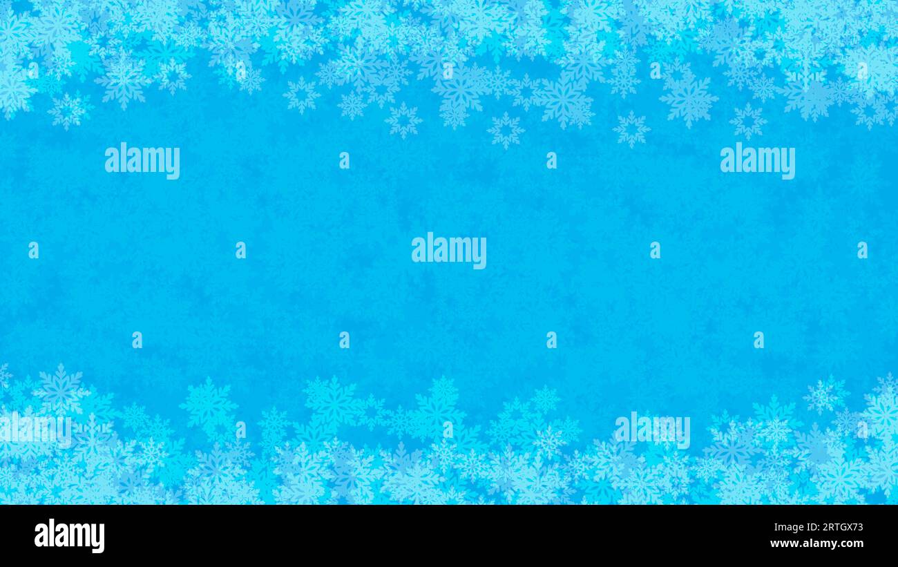 Winter blue background with snowflakes and effect of frost on glass. Festive horizontal backdrop for winter party design. Fluffy snowflakes of cold wi Stock Vector