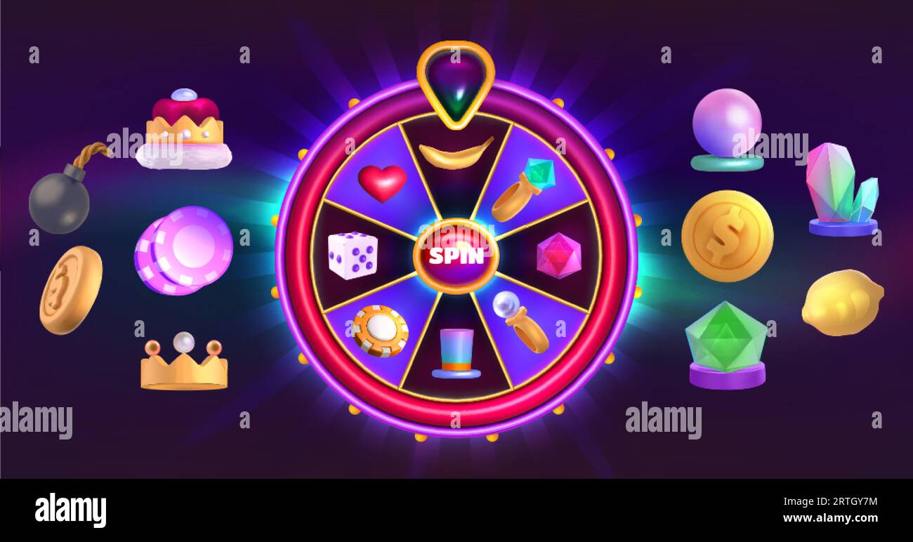 Casino roulette with golden coins and crown, heart, magic hat and ...