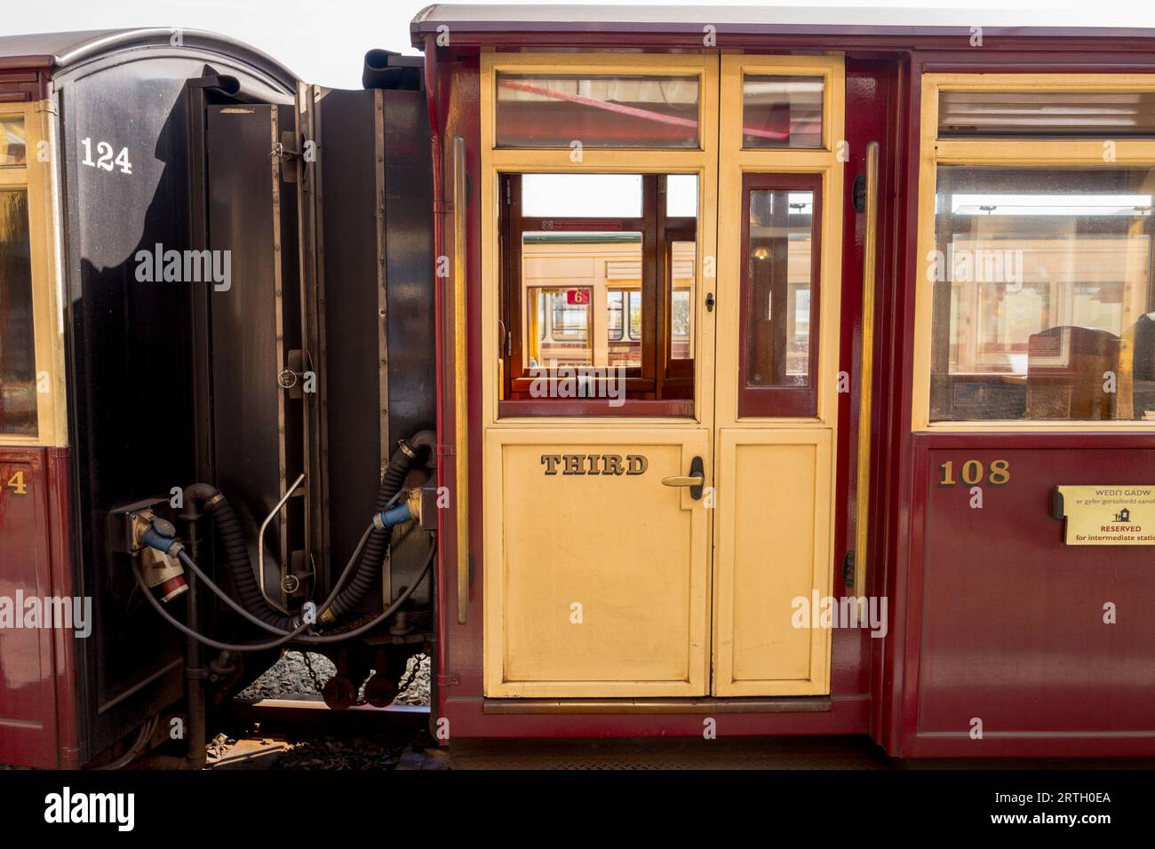 Third class carriages used by the Ffestiniog Railway and Welsh Highland Railway to transport passenger from Porthmadoc station. Stock Photo