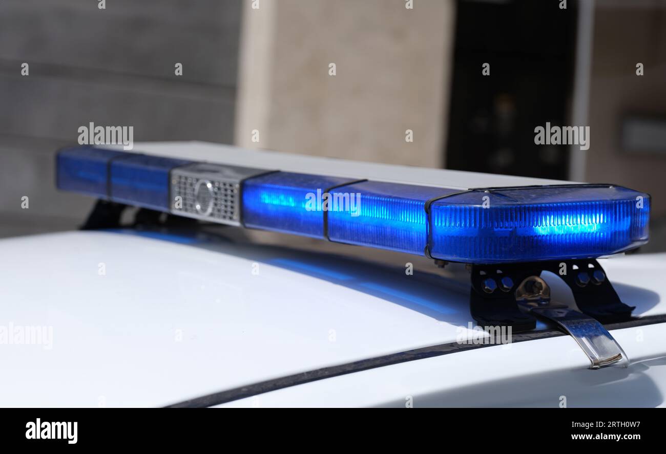 Police car with red and blue warning lights Stock Photo Alamy