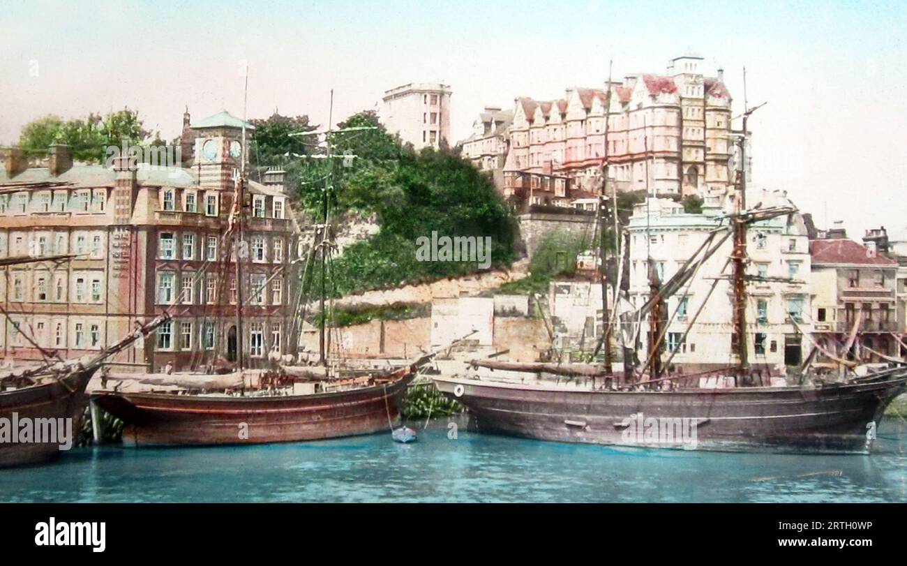 Sailing boats in the harbour at Folkestone, Victorian period Stock Photo