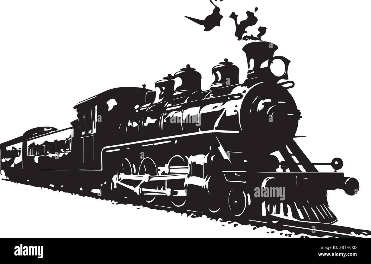 Black And White Illustration Of A Vintage Steam Locomotive Or Train  Speeding In Full Speed Coming Up The Viewer Forward On Isolated Background  In Retro Style. Royalty Free SVG, Cliparts, Vectors, and