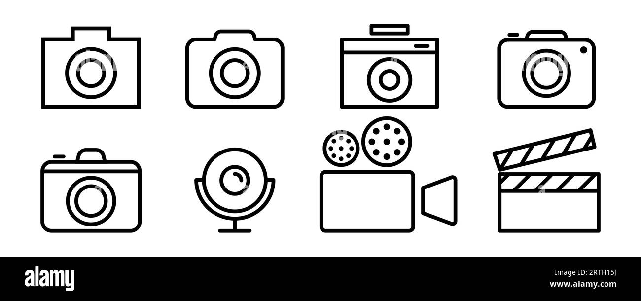 Camera icon set. Photo camera icon in outline. Photo and video symbol. Web camera icon. Webcam pictogram. Stock vector illustration Stock Vector