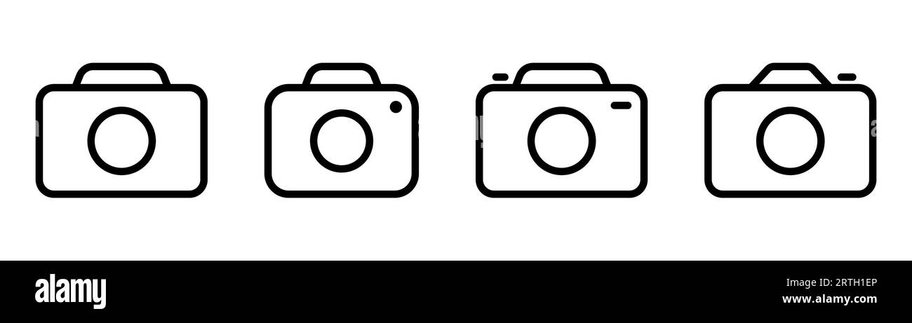 Linear camera icon set. Photo camera icon in line. Outline photo and video symbol. Outline camera icon in black. Stock vector illustration Stock Vector