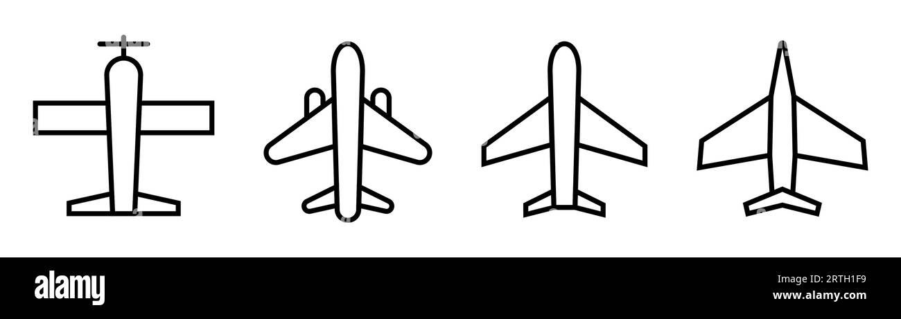 Plane icon set. Airplane in line. Jet symbol in black. Outline civil plane and fighter. Aircraft icon. Jet in outline set. Stock vector illustration. Stock Vector