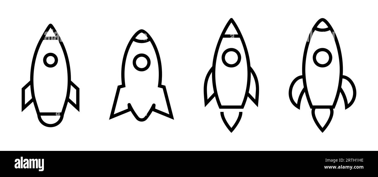Outline rocket icons set. Linear spaceship symbol. Outline black rocket icon. Startup symbol. Transparent spacecraft sign. Spaceship silhouette. Start Stock Vector
