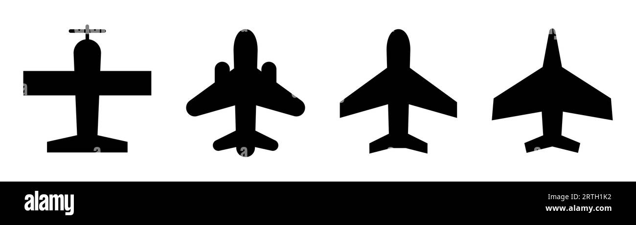 Plane icon set. Airplane in line. Jet symbol in black. Glyph civil plane and fighter. Aircraft icon. Jet in glyph set. Stock vector illustration. Stock Vector