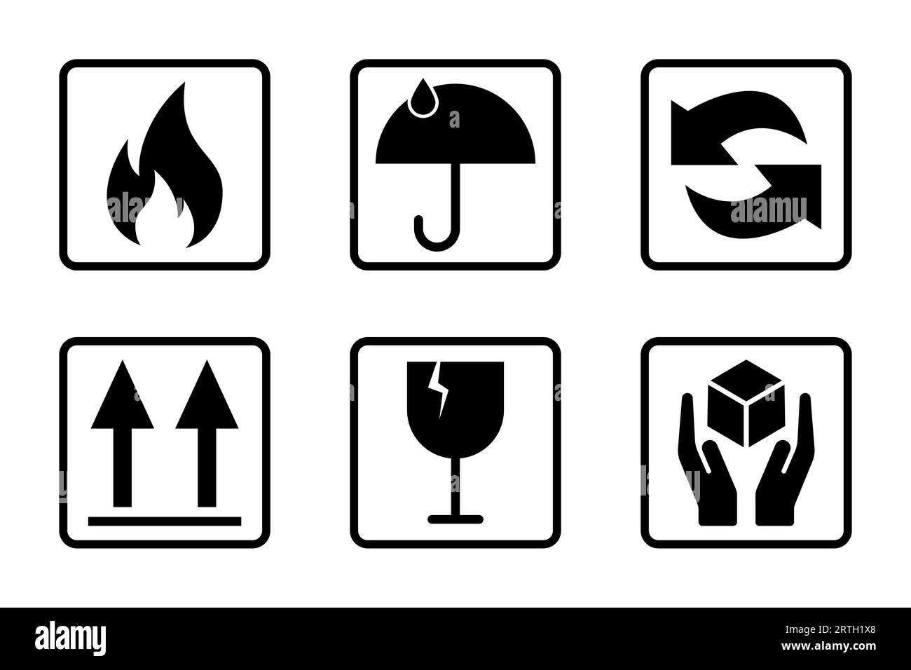 Fragile icon set. Delivery box symbol. Glass and umbrella sign. Fragile