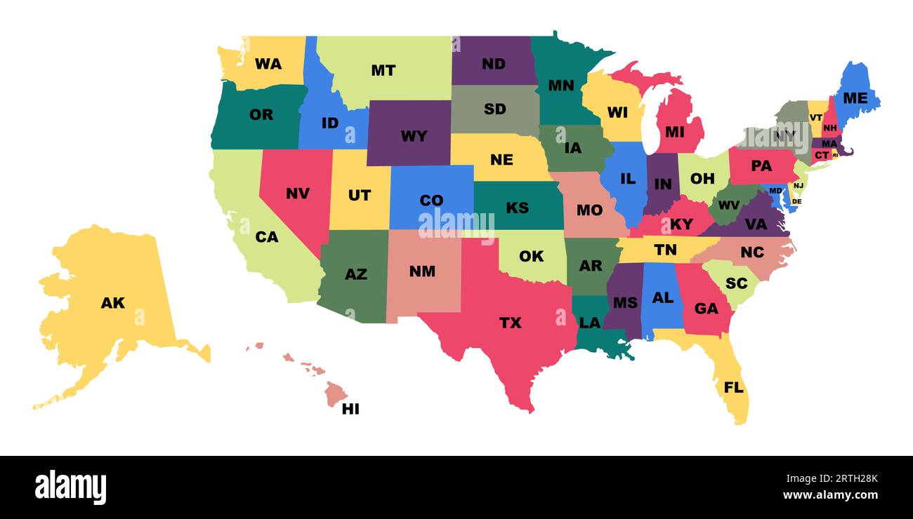 US states illustration. USA map with states. Fifty states of America ...