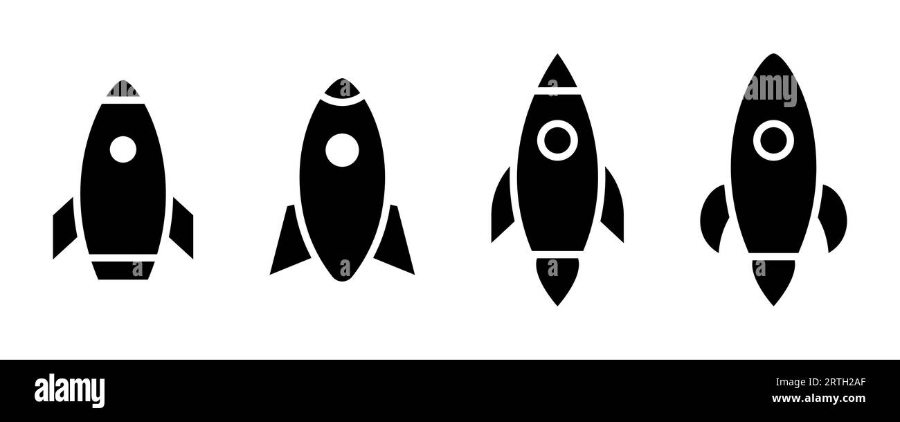 Rocket icons set. Spaceship symbol. Black rocket icon. Startup symbol. Spacecraft sign. Spaceship silhouette. Startup illustration. Shuttle icon in bl Stock Vector