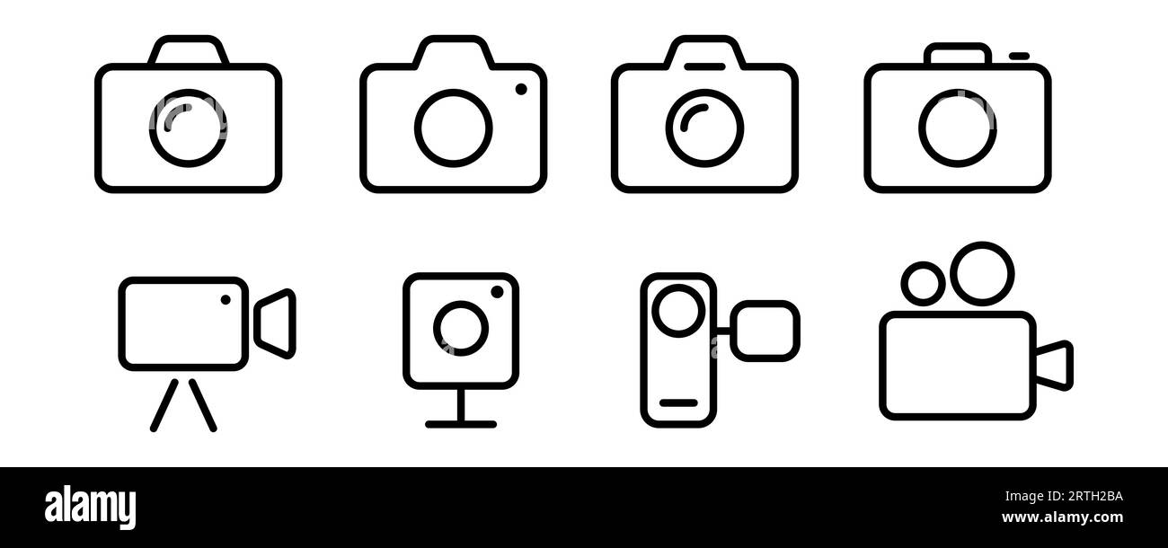Linear camera icon set. Photo camera icon in line. Outline photo and video symbol. Outline camera icon in black. Stock vector illustration Stock Vector