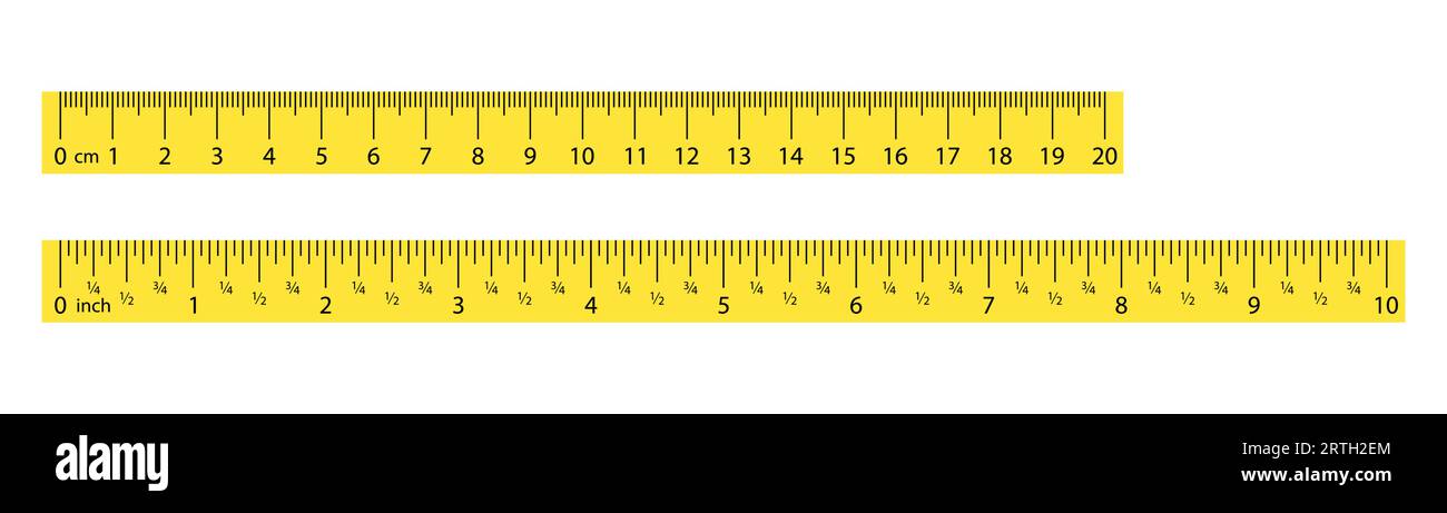 Yellow metric ruler. Inch ruler icon. Cm and inch ruler. Yellow scale grid in line. Metric and inch scale. Stock vector Stock Vector
