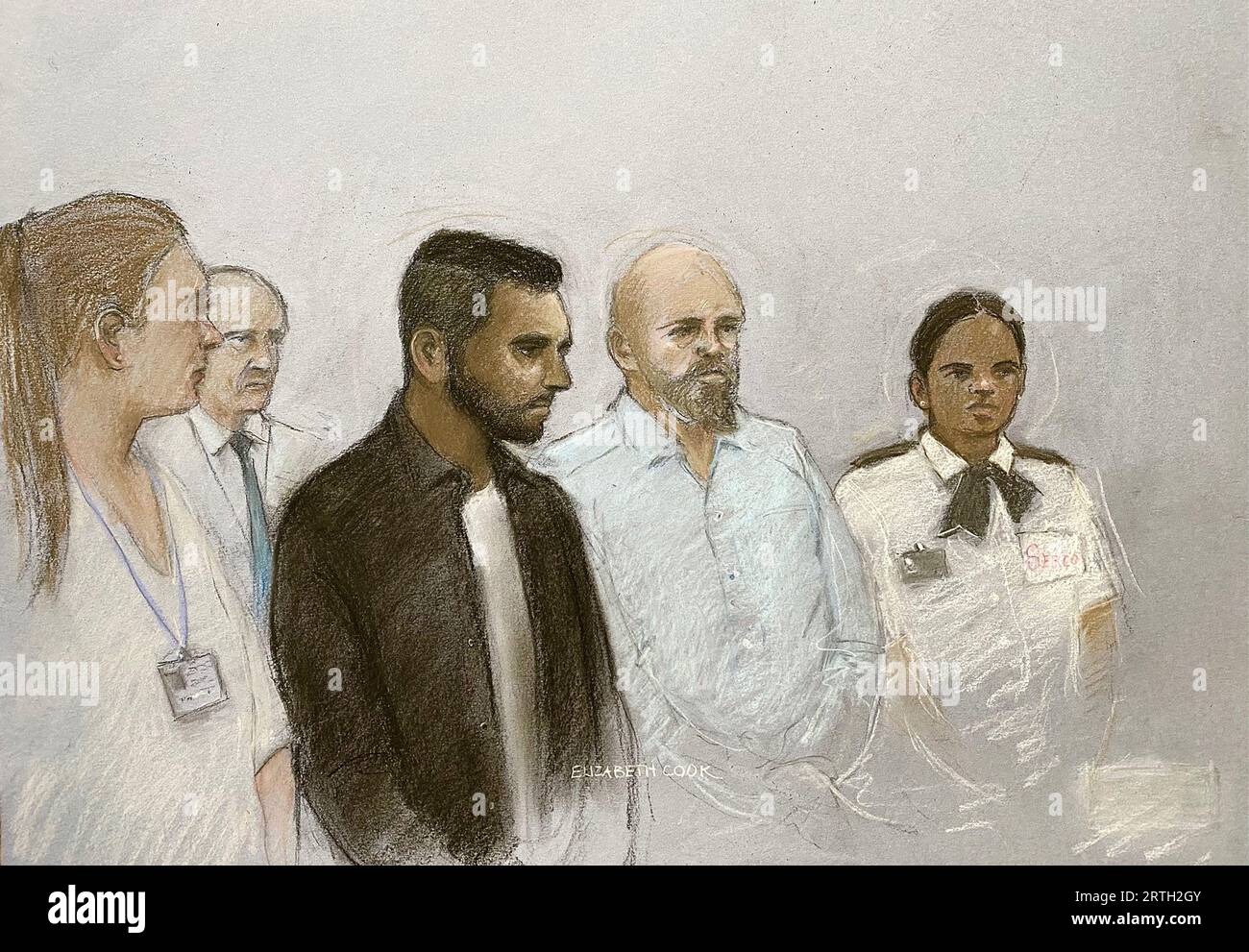 Court artist sketch by Elizabeth Cook of Jaswant Singh Chail, appearing at the Old Bailey, London, for sentencing after pleading guilty to three charges, including an offence under the Treason Act after he was found with a crossbow at Windsor Castle. Picture date: Wednesday September 13, 2023. Stock Photo