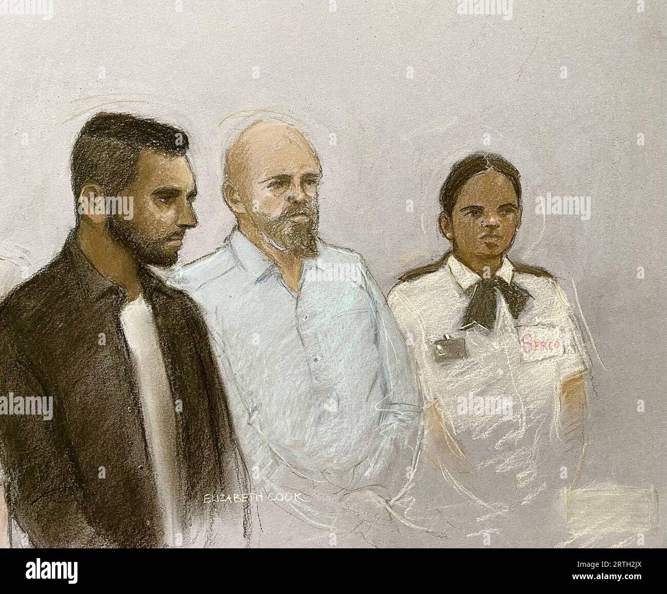 Court artist sketch by Elizabeth Cook of Jaswant Singh Chail, appearing at the Old Bailey, London, for sentencing after pleading guilty to three charges, including an offence under the Treason Act after he was found with a crossbow at Windsor Castle. Picture date: Wednesday September 13, 2023. Stock Photo