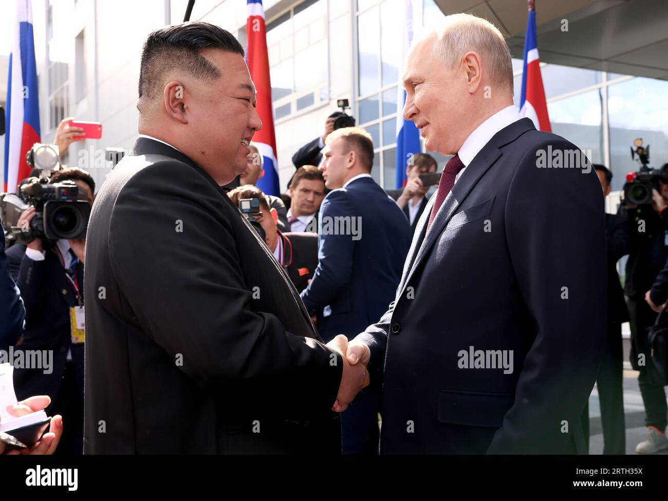 Amur, Russian Federation. 13th Sep, 2023. North Korean Leader Kim Jong-un (L), meets with Russian President Vladimir Putin, during the Russia - North Korea Summit on September 13, 2023 at the Vostochny Cosmodrome in Amur region, Russia. The talks between the two leaders could lead to a weapons deal as North Korean leader Kim Jong Un has offered Russian President Vladimir Putin his country's 'unwavering support' for Russia's 'sacred fight'. Kim said that North Korea will 'always stand with Moscow' in its 'fight against imperialism.'. Photo by Kremlin POOL/ Credit: UPI/Alamy Live News Stock Photo