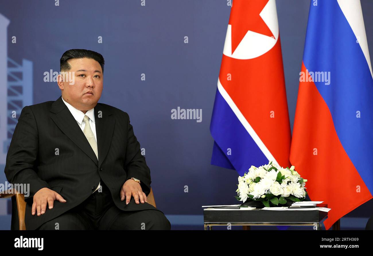 Amur, Russian Federation. 13th Sep, 2023. North Korean Leader Kim Jong-un, meets with to Russian President Vladimir Putin (not seen) during the Russia - North Korea Summit on September 13, 2023 at the Vostochny Cosmodrome in Amur region, Russia. The talks between the two leaders could lead to a weapons deal as North Korean leader Kim Jong Un has offered Russian President Vladimir Putin his country's 'unwavering support' for Russia's 'sacred fight'. Kim said that North Korea will 'always stand with Moscow' in its 'fight against imperialism.'. Photo by Kremlin POOL/ Credit: UPI/Alamy Live News Stock Photo