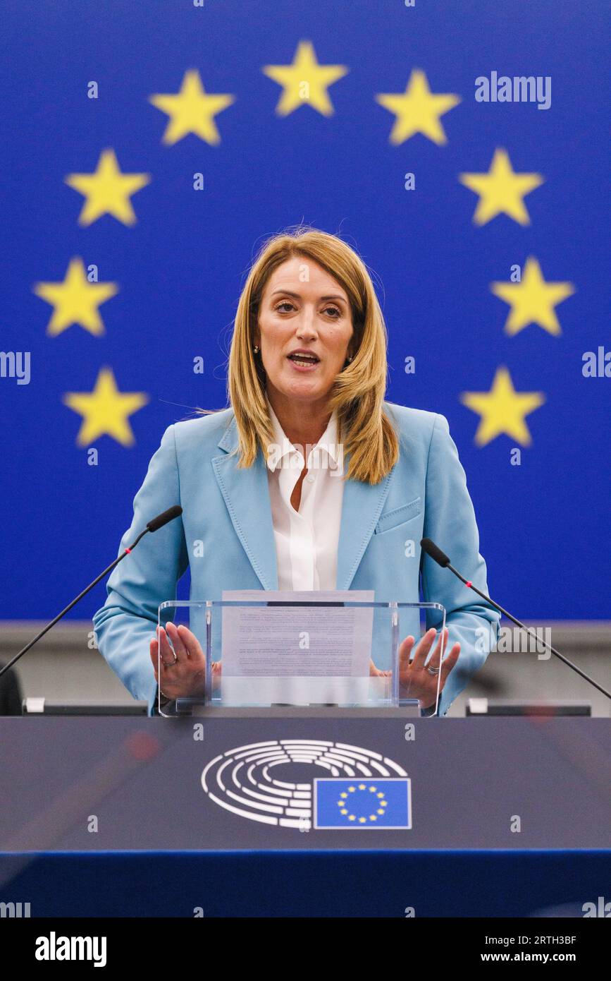 13 September 2023, France, Straßburg: Roberta Metsola (Partit Nazzjonalista), President of the European Parliament, speaks at the European Parliament. In her State of the Union 2023 speech, Commission President von der Leyen will outline the priorities and flagship initiatives for the coming year. It is the last speech of this legislative period in the run-up to the 2024 European elections. Photo: Philipp von Ditfurth/dpa Stock Photo