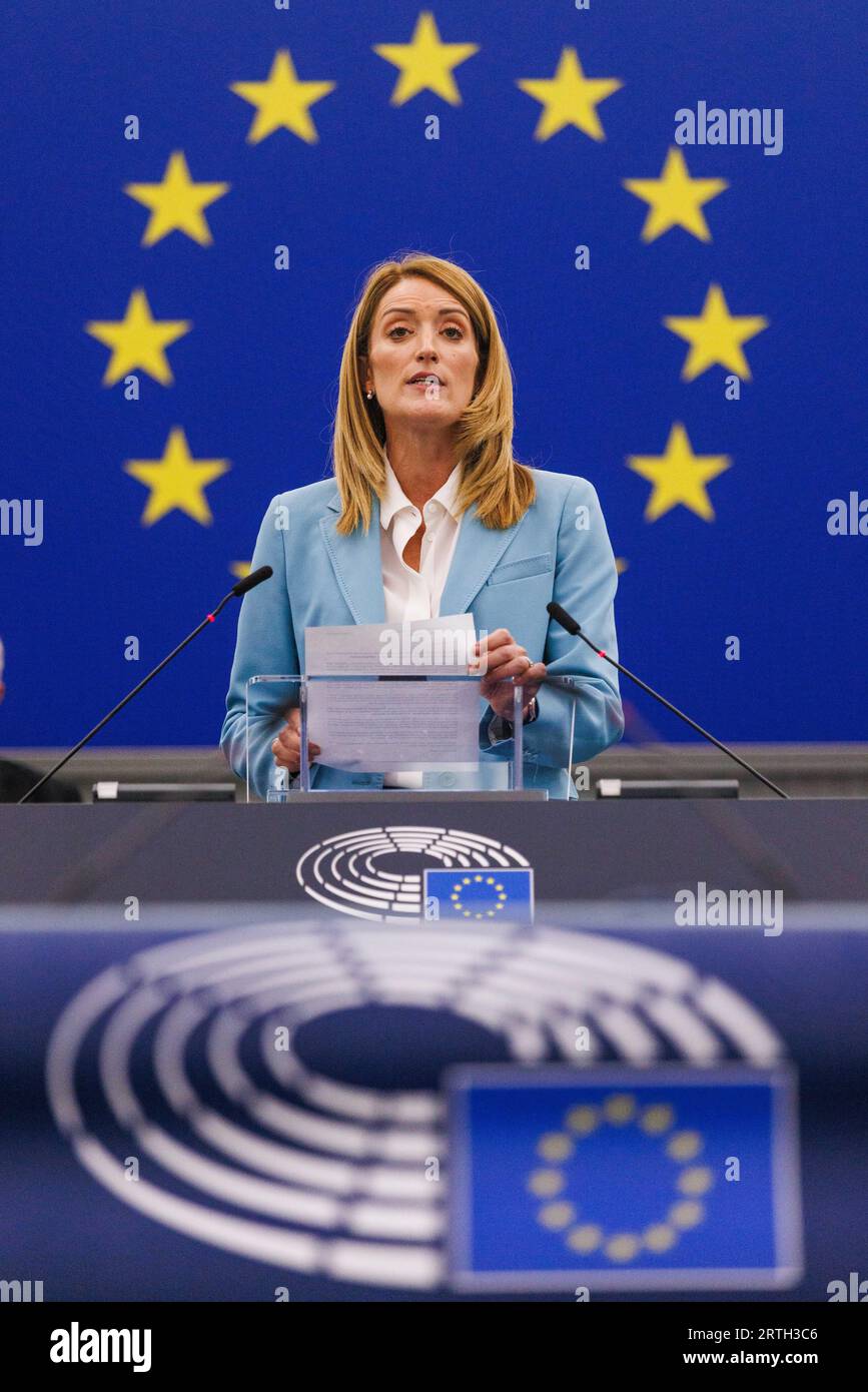 13 September 2023, France, Straßburg: Roberta Metsola (Partit Nazzjonalista), President of the European Parliament, speaks at the European Parliament. In her State of the Union 2023 speech, Commission President von der Leyen will outline the priorities and flagship initiatives for the coming year. It is the last speech of this legislative period in the run-up to the 2024 European elections. Photo: Philipp von Ditfurth/dpa Stock Photo