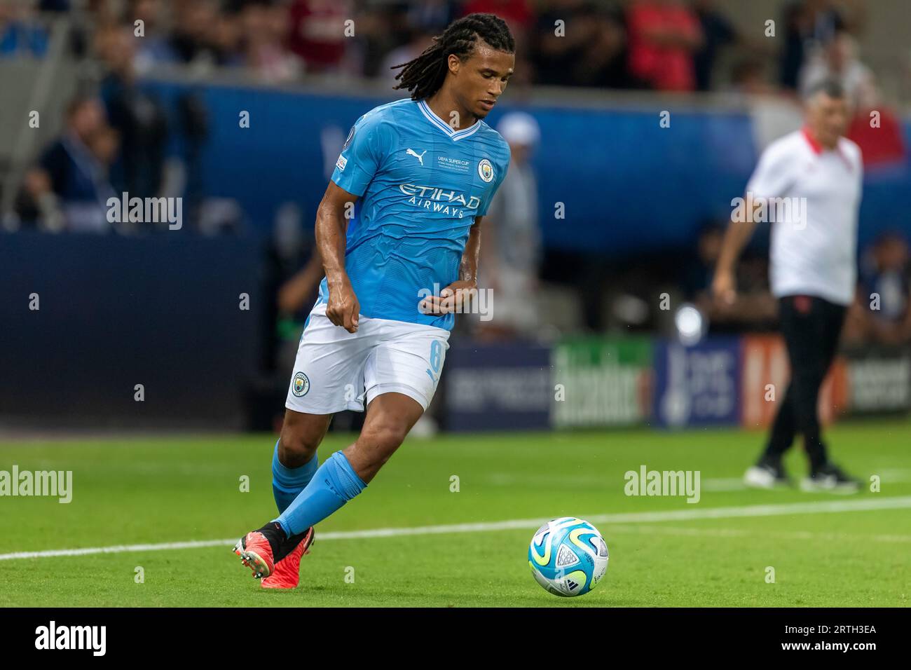 Athens, Greece - August 16,2023: Player of Manchester City Nathan Ake in action during the UEFA Super Cup Final match between Manchester City and Sevi Stock Photo