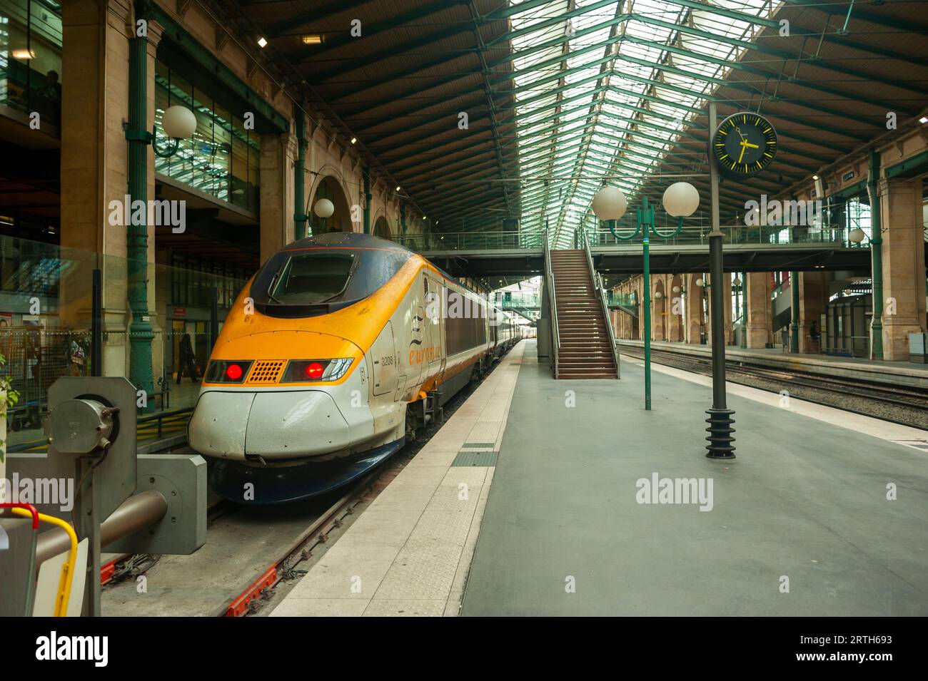 Paris, France, TGV Bullet Train, Wide Angle View, Front , in Gare du Nord, Historic Train Station 'Eurostar' (to London) electric trains Stock Photo