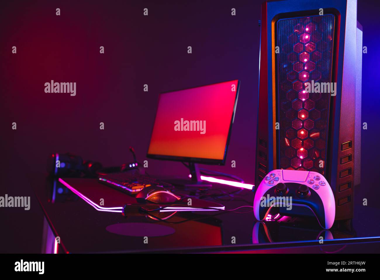 Composite of computer with video game accessories with copy space on