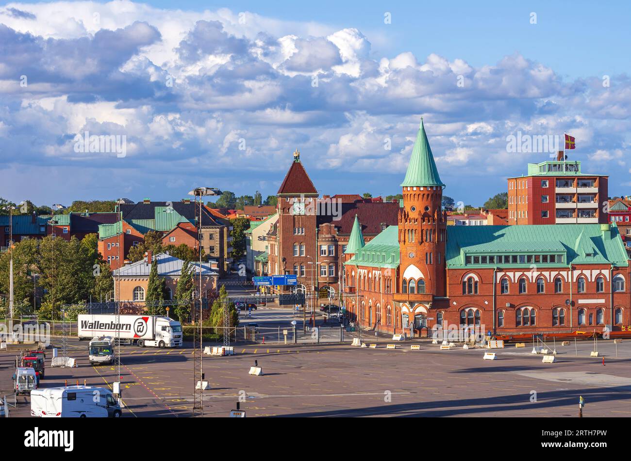 Distinctive urban edifices, part of Trelleborg harbour front, Skane län, Sweden. Stock Photo