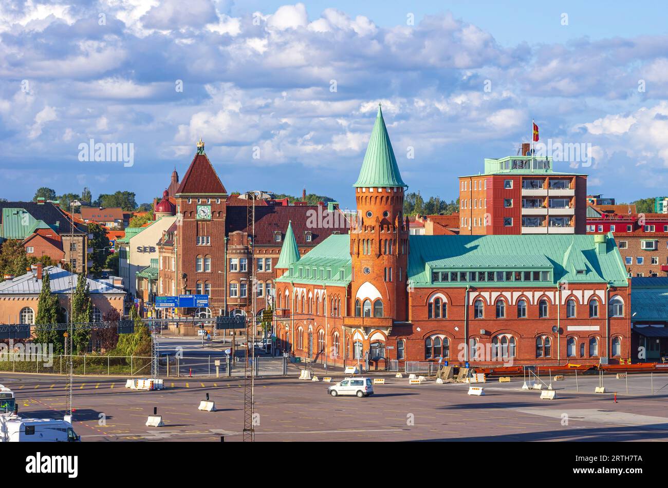 Distinctive urban edifices, part of Trelleborg harbour front, Skane län, Sweden. Stock Photo